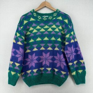 GALLAGHER Sweater Women M Mohair Blend Fair Isle Snowflakes Green HK Vintage